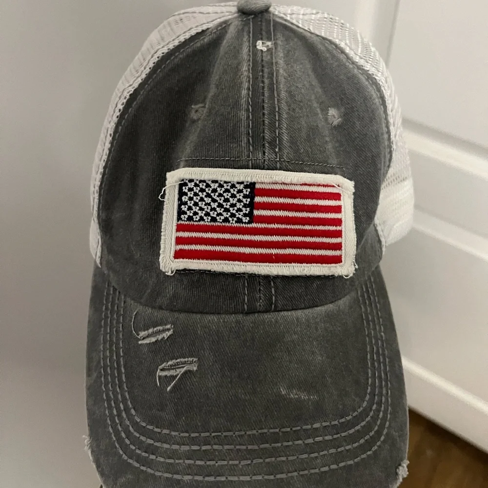 New without tags Ballcap Gray Distressed American Flag Patch with bun hole - Picture 2 of 12